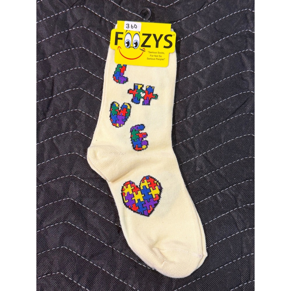 Foozys Crew Socks Women Cream New NWT Puzzle Piece Heart Love Autism Awareness